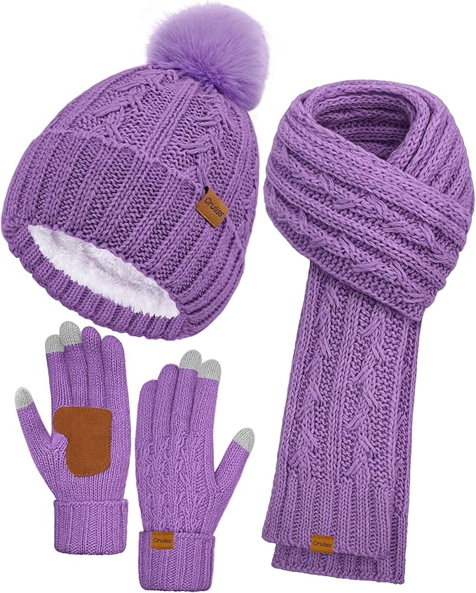 Womens Winter Beanie Hat Scarf Gloves Set, Fleece Lined Knitted Hat with Pompom Long Scarf Touchscreen Mittens for Women Men