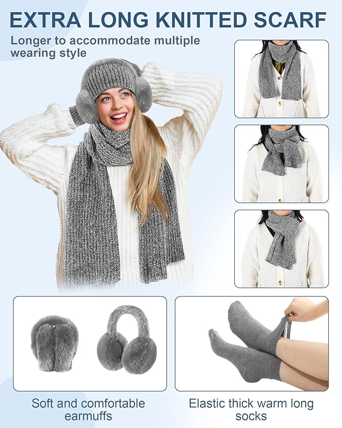 Geyoga 6 Pcs Winter Knit Set Beanie Hat Long Scarf Touchscreen Gloves Ear Muff Socks Warm Valentine Gift for Women Men Snow(Gray,Classic Style)