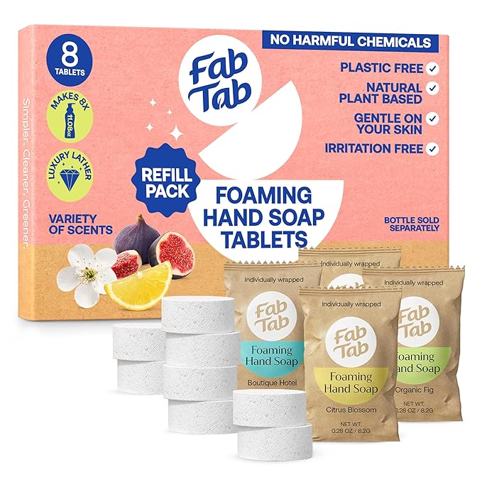 Fab Tab Foaming Hand Soap Refill - Natural Hand Soap - Bathroom Hand Wash - Plant-Based - No Harsh Chemicals - Variety scents - 8 Pack. Makes 8 x 11.9 fl oz (Bottle Not Included)