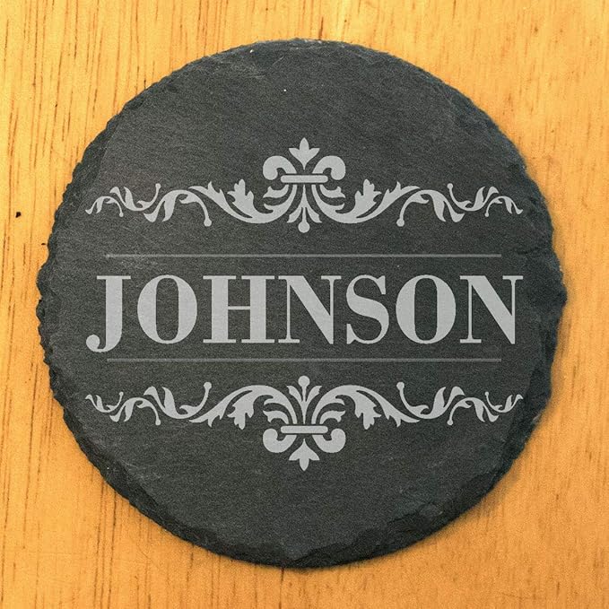 Personalized Monogram Family Coasters, Natural Stone Set, Birthday, Wedding, Customized, Rustic - Round Slate - Set of 4