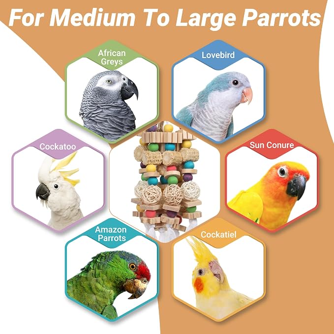 Parrot Chew Toys for Medium & Large Birds (Such as Macaws, African Grey Parrots, and Various Amazon Parrots). The Colorful, Natural Wooden Cage Parrot Toys for Large Birds.