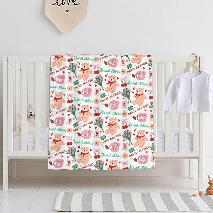 Ship Next Day, Personalized Baby Blanket for Boys Girls - Printed in USA, Custom Name Toddler Blanket with Care Bear Pattern, Perfect Newborn Gift
