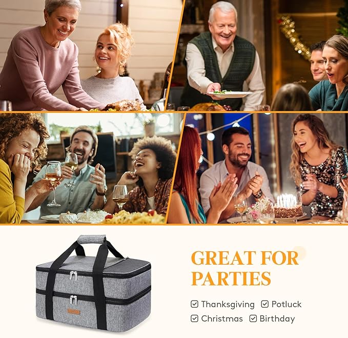 LUNCIA Insulated Double Decker Casserole Carrier, Lasagna Lugger Tote Keeps Food Hot or Cold, Thermal Lunch Bag for Potluck Parties, Picnic and Cookouts, Fits 9" x 13" Baking Dish, Grey
