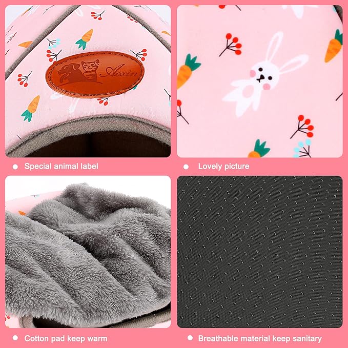 BWOGUE Guinea Pig Bed Large Hide-Out Cozy House Bed for Rabbits Ferret Chinchilla Bearded Dragon Winter Warm Cage Nest Hamster Accessories Cute Bunny and Carrot Pattern | Removable Cushion for Cleaning, Warm Fleece Nest, Washable Bed, 10.6 x 10.6x 11 i...