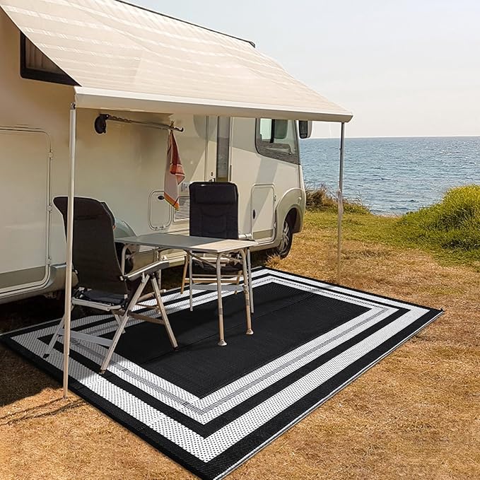 Patio Modern Border Outdoor Rug 10x14 Waterproof Large Reversible Camping Mat Foldable Lightweight Plastic Straw Outdoor Rug for Deck, Picnic, Porch, Camper, Balcony, Beach, Rv，Black/White