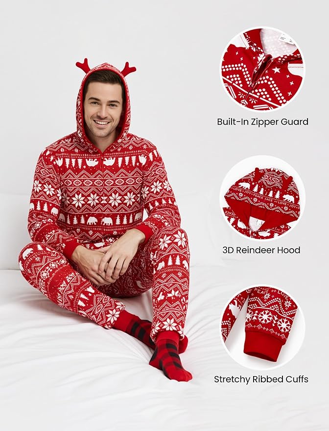 PATPAT Matching Family Christmas Onesie Pajamas – Holiday Hooded Jumpsuit Sleepwear PJs Couples Xmas Loungewear with Socks