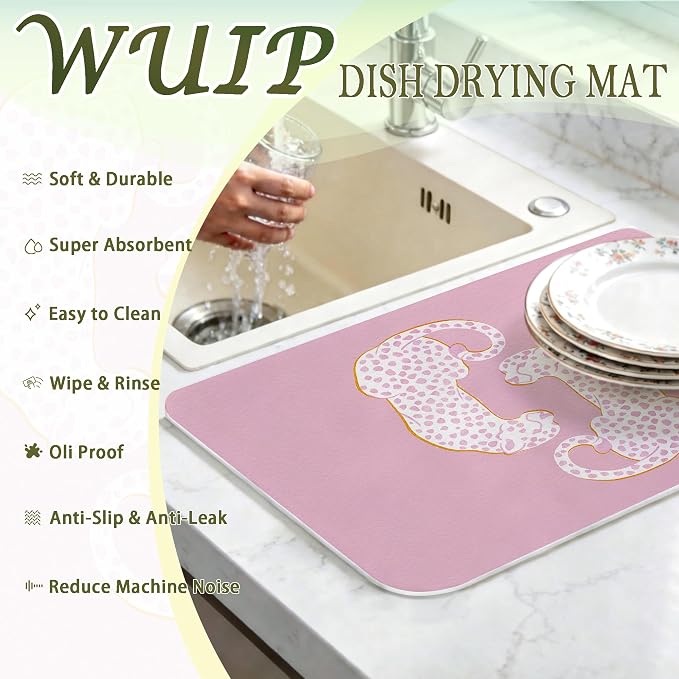 Pink Leopard Dish Drying Mats for Kitchen Counter, Preppy Girly Aesthetic Cheetah Print Absorbent Reversible Coffee Bar Mat Drying Pad for Kitchen Decor, 12x15 Inch