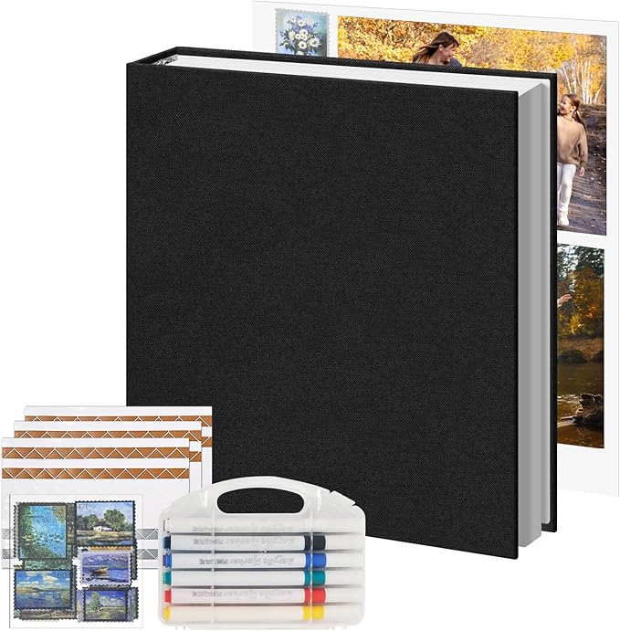 Vienrose Photo Album Scrapbook, 3 Ring 8" x 10" Linen Cover Kraft Paper Memory Book with 50 Sheets 100 Pages, Scrapbook Set for Wedding, Anniversary, Family, Travel, Black