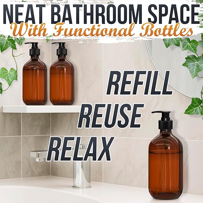Amber Plastic Soap Dispenser with Pump Set of 3 – 16 oz Refillable Shampoo and Conditioner Bottles – Durable & Reusable for Hand Soap, Dish Soap, Lotion, Gel, Body Wash in Kitchen, Bathroom, Shower