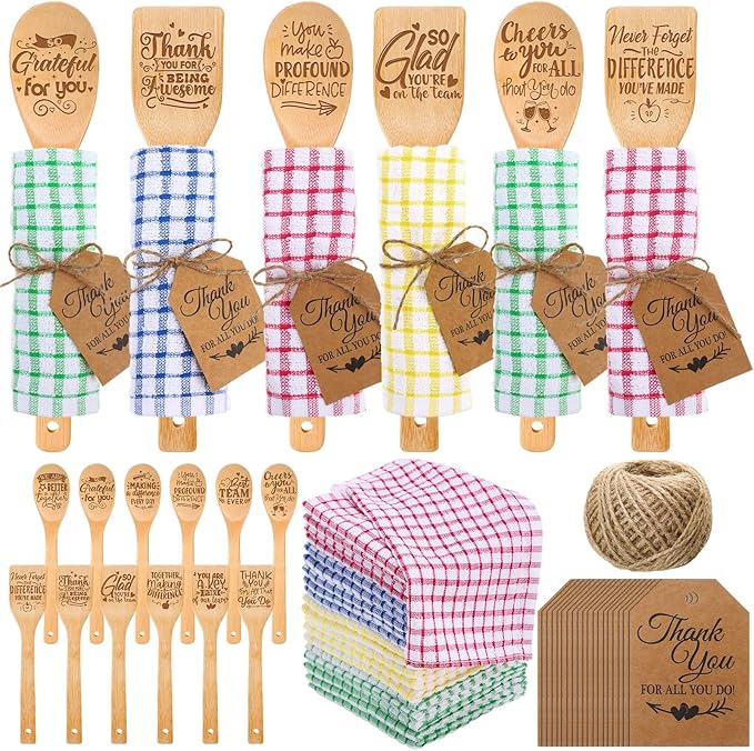 Honeydak 12 Set Employee Appreciation Gifts Set Thank You Employee Kitchen Utensils Bamboo Spoon Flat Spatula Kitchen Towel Tag Thank You Gift for Coworker Staff Teacher Nurse Colleague