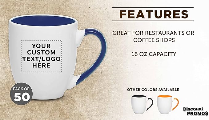 Custom Bistro Style Large Coffee Mugs 16 oz. Set of 50, Personalized Bulk Pack - Perfect for Coffee, Tea, Espresso, Hot Cocoa, Other Beverages - Cobalt Blue