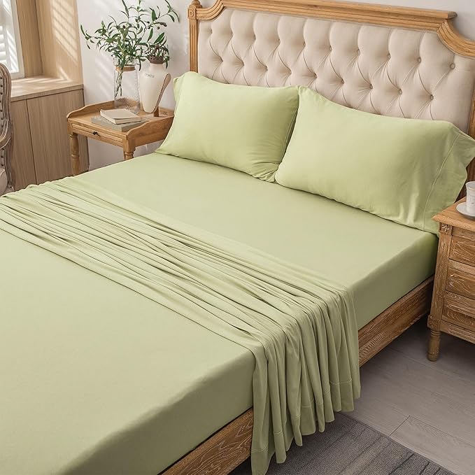 PURE ERA Jersey Knit 4pc Bed Sheet Set 100% T-Shirt Cotton Super Soft Comfy Breathable Fits Mattress Up to 20" Extra Deep Pocket (Solid Mocha Green, Queen)