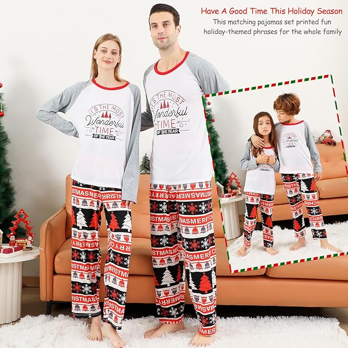 Family Christmas PJs Matching Sets, Cute Holiday Pajamas Printed Top and Pants, Xmas Jammies for Couples/Men/Women