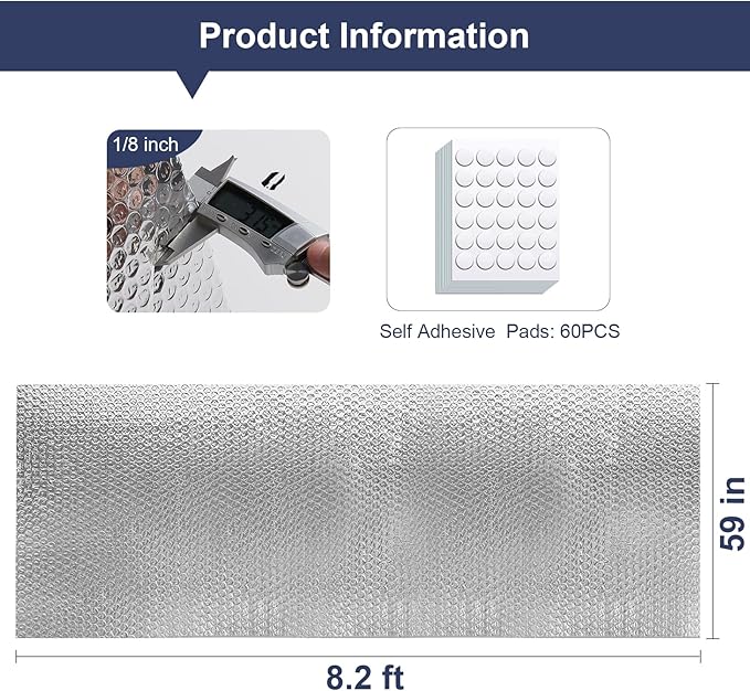 Double Reflective Bubble Foil Insulation Foam, 59IN X 8.2FT Aluminum Foil Thermal Insulation Radiant Barrier for Windows, Garage Door, RV, Roof