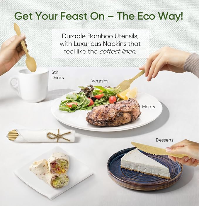 Luxury Pre-Rolled Napkin and Bamboo Cutlery Set (30 Pack, 120 PCS) 100% Biodegradable, Eco-Friendly, Disposable Wrapped Cutlery - Includes Pre-Wrapped Bamboo Forks, Knives, Spoons, & Napkins