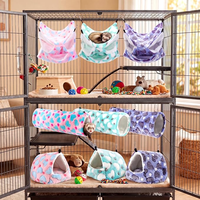 Abbylike 9 Pieces Rat Hammock 3 Tier Guinea Pig Ferret Hammocks Small Pet Hanging Tunnel Glider Toy Guinea Pig Ferret Hideout Bed Cage Accessories for Hamster(Green, Purple, Pink,Heart)