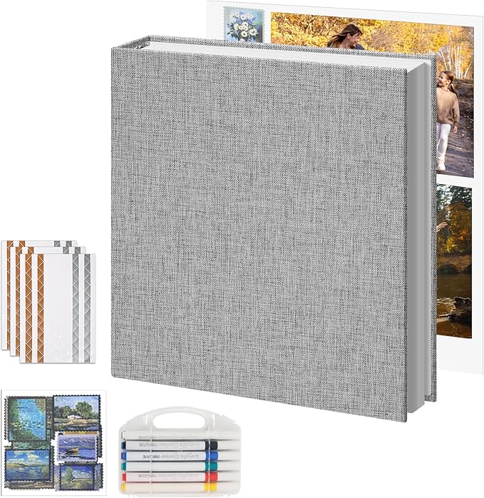 Vienrose Photo Album Scrapbook, 3 Ring 8" x 10" Linen Cover Kraft Paper Memory Book with 50 Sheets 100 Pages, Scrapbook Set for Wedding, Anniversary, Family, Travel, Grey