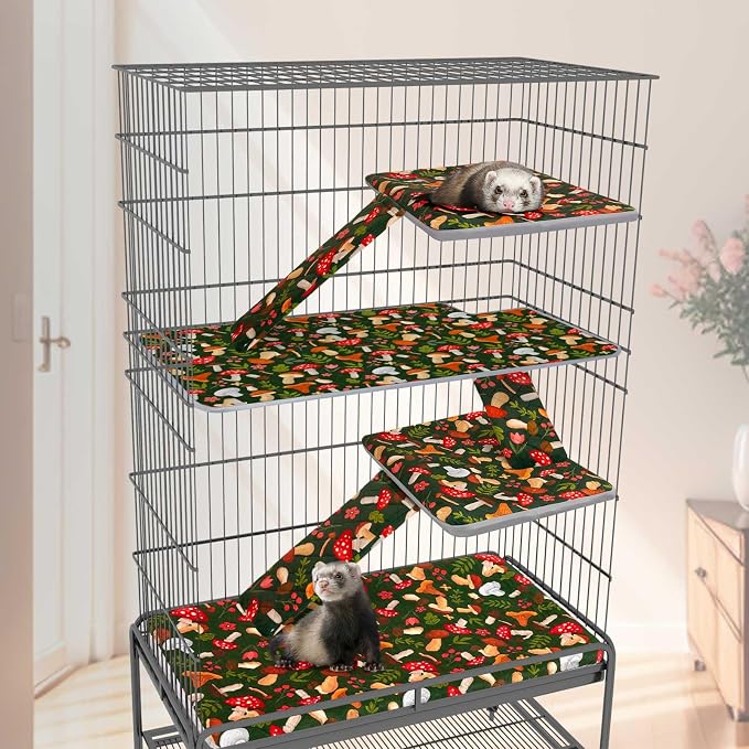 Bienbee Ferret Cage Liner Set, Leakproof Ferrets Cage Accessories for Small Animals Rats Chinchillas Hedgehogs Ferrets(Green Mushroom, Double Unit Combo)