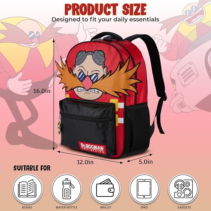 AI ACCESSORY INNOVATIONS Sonic The Hedgehog Backpack for Boys & Girls, Dr. Eggman Big Face 16 Inch Schoolbag with Dr. Eggman Rubber Molded Dangle