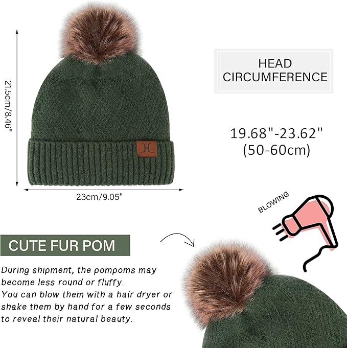 Womens Winter Warm Knit Beanie Hat Long Scarf Touchscreen Gloves Set with Fleece Lined Pom Skull Cap Gifts for Women