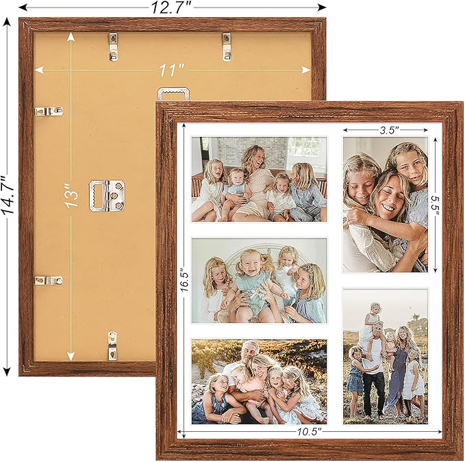 11x13 Collage frame with 5 Openings 4X6 Pictures, Multiple Picture Frame with Mat, Wall or Tabletop Decor, Carbonized Brown Wood Grain,2 Pack