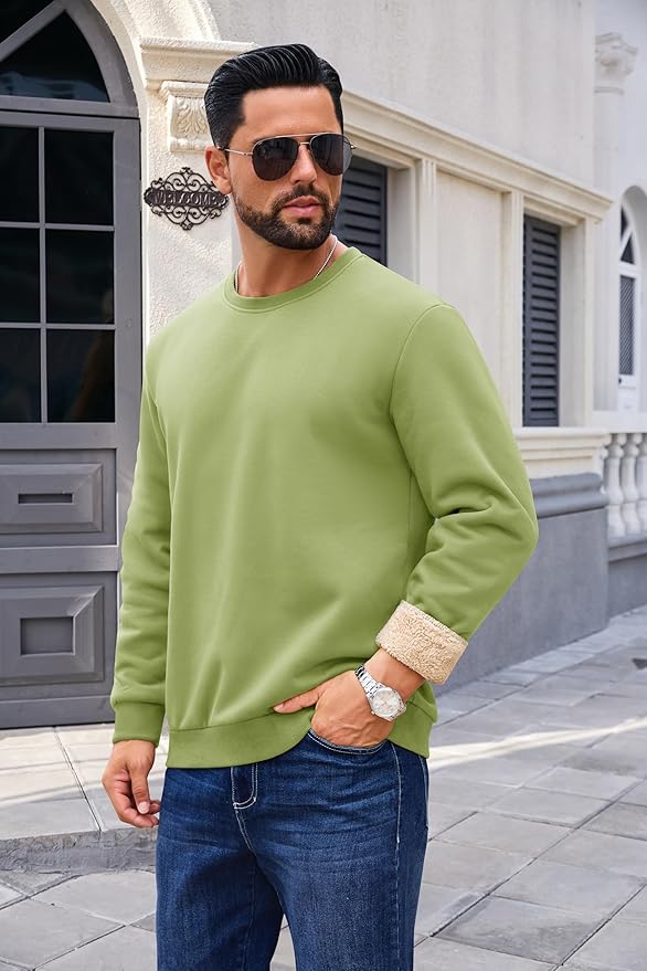 Boladeci Men's Full Sherpa Lined Crewneck Sweatshirts Heavy-weight Fleece Pullover Thick Thermal Long Sleeve Cotton