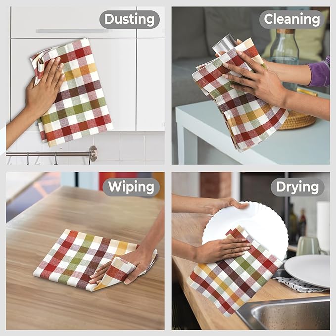 Urban Villa Fall Kitchen Towels Harvest Checks Dish Towels Set of 6 20" X30” 100% Cotton Highly Absorbent Quick Drying Dish Cloths & Dish Towels Thanks Giving Tea Towels with Hanging Loop Bar Towels