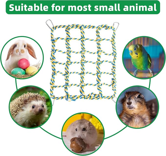 2 Pcs Rat Climbing Ropes for Cage Rat Cage Accessories Bird Rope Rat Toys for Pet 12.6 x 9.84 inch Hammock Hamster Cotton Rope Bridge Bird Ladder with 4 Silver Hooks（Yellow）