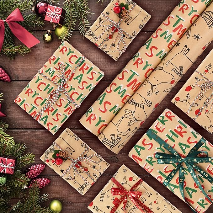 AhfuLife 2 Rolls Christmas Wrapping Paper, 17 Inch × 49.2 Feet Per Roll - Recyclable Kraft Xmas Wrapping Paper - Reindee Design for Kids Gift Box Birthday Party Decoration