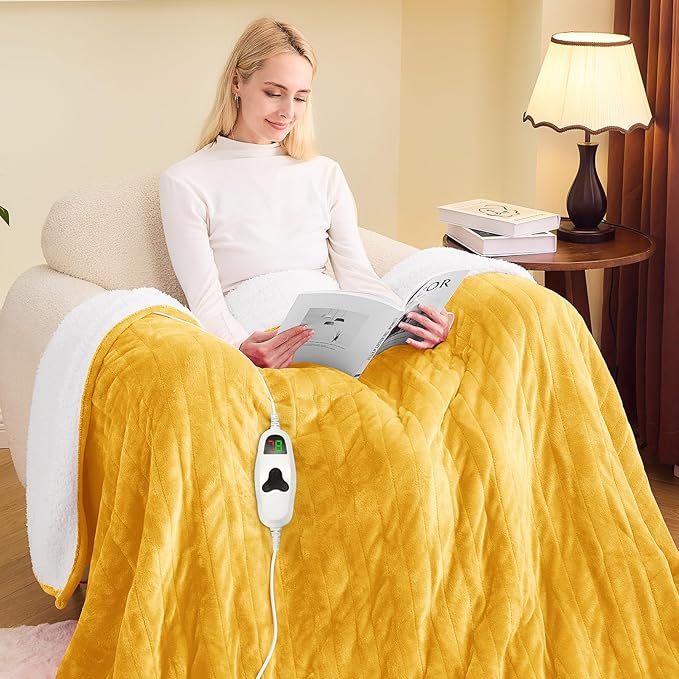 greenoak Heated Blanket Electric Full 72"X84", Heating Blankets with 10 Heat Levels /8 Hours Auto-Off, Soft Flannel Sherpa Fluffy House Warming Gifts for Grandma Seniors Mom,Ginger Yellow