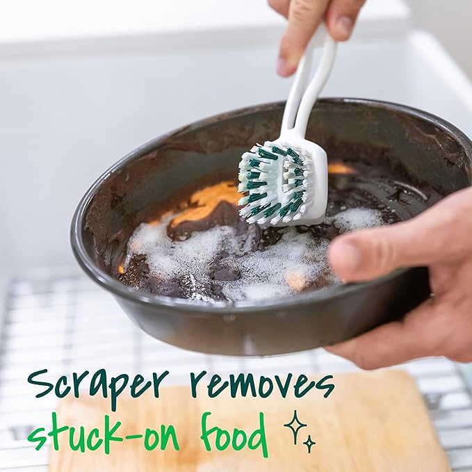 Scotch-Brite Pot + Pan Brush, Durable and Long Lasting Dish Brush with Handle for Scrubbing Stainless Steel, Outdoor Furniture, and Sinks Without Scratching, Antimicrobial, and Rinses Clean