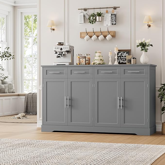HOSTACK 60" Large Buffet Sideboard with Storage, 36" Tall Kitchen Buffet Storage Cabinet with 4 Drawers, Modern Coffee Bar Cabinet with Gold Handles, Long Sideboard Buffet Table for Kichen, Grey