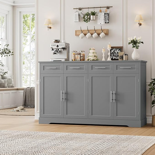 HOSTACK 60" Large Buffet Sideboard with Storage, 36" Tall Kitchen Buffet Storage Cabinet with 4 Drawers, Modern Coffee Bar Cabinet with Gold Handles, Long Sideboard Buffet Table for Kichen, Grey