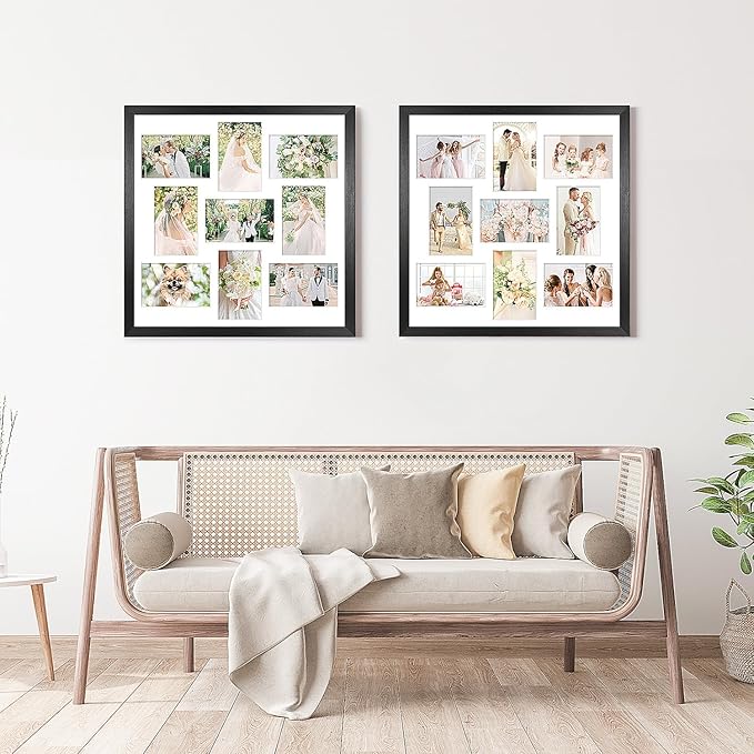 17x17 Collage frame with 9 Openings 4X6 Pictures, Multiple Picture Frame with Mat, Wall or Tabletop Decor, Black Wood Grain,2 Pack