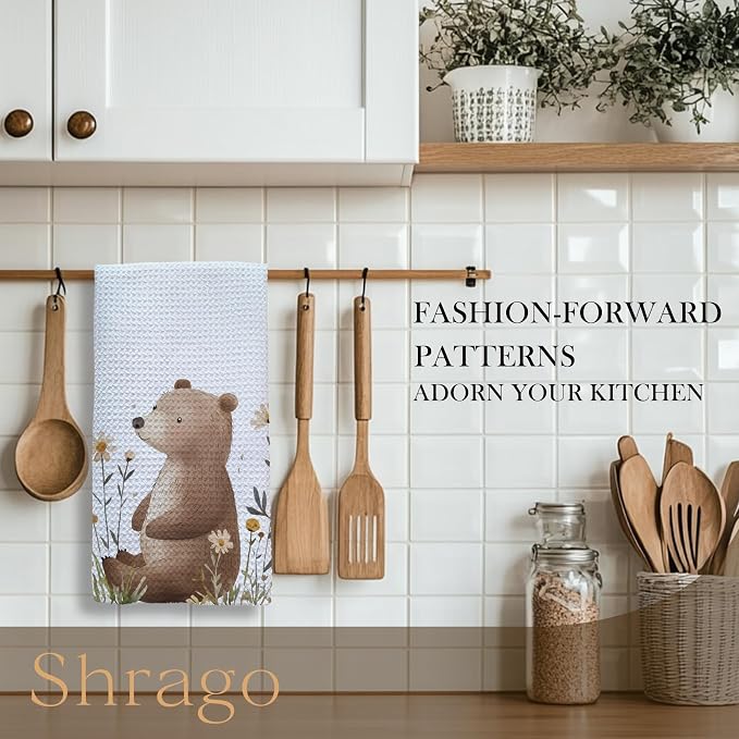 Bear Gifts Kitchen Towels, Gifts for Bear Lovers Dish Tea Towels for Kitchen, Cute Wild Animal Floral Botanical Decorative Hand Towel for Kids Bathroom Decor, 16x24 Inch