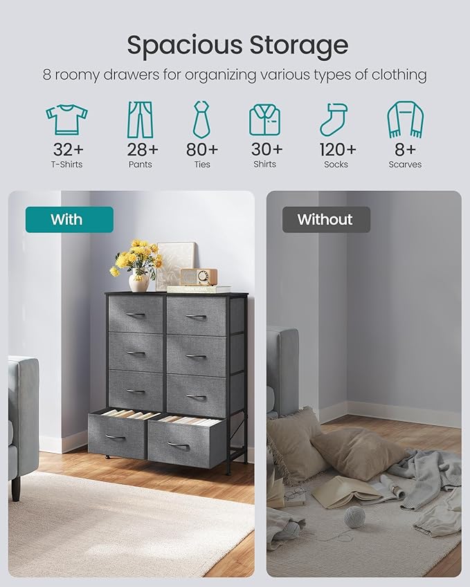 SONGMICS BELLAH Collection - Dresser for Bedroom, Chest of Drawers, Storage Organizer Unit, Closet, Entryway, Steel, 8 Drawers, Modern, Slate Gray ULGS124GN02S