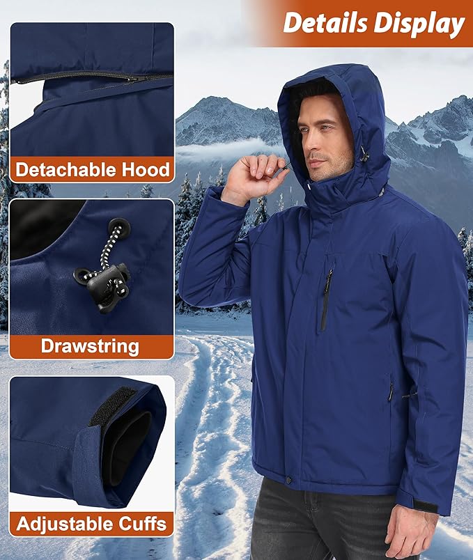 Mens Winter Snow Jacket Waterproof Ski Jackets Snowboard Rain Warm Coat Insulated Hood Fleece Lined