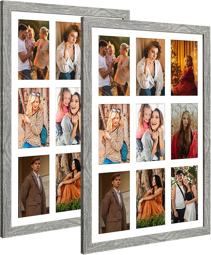 13.5x19.5 Collage frame with 9 Openings 4X6 Pictures, Multiple Picture Frame with Mat, Wall or Tabletop Decor, Grey Wood Grain,2 Pack