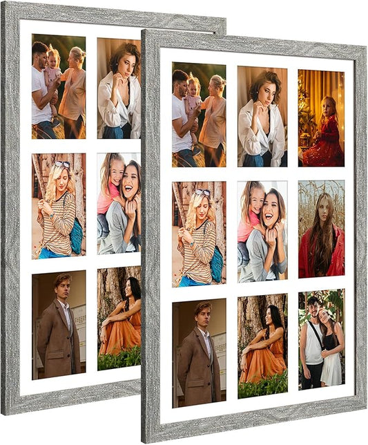 13.5x19.5 Collage frame with 9 Openings 4X6 Pictures, Multiple Picture Frame with Mat, Wall or Tabletop Decor, Grey Wood Grain,2 Pack