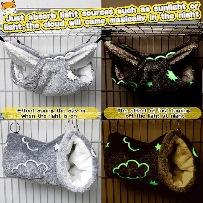 LEFTSTARER Noctilucent Luminous Guinea Pig Rat Hammock Bunkbed Hanging Tunnel and Soft Bed Mat for Ferret Hedgehog Squirrel Hideout Cage Accessories (1.Tunnel and Bunkbed Hammock)