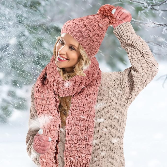 JenPen 4 Pcs Winter Hat Scarf and Gloves Set for Women Include Ear Cover Cold Weather Scarf Hat Knit Beanie Gloves