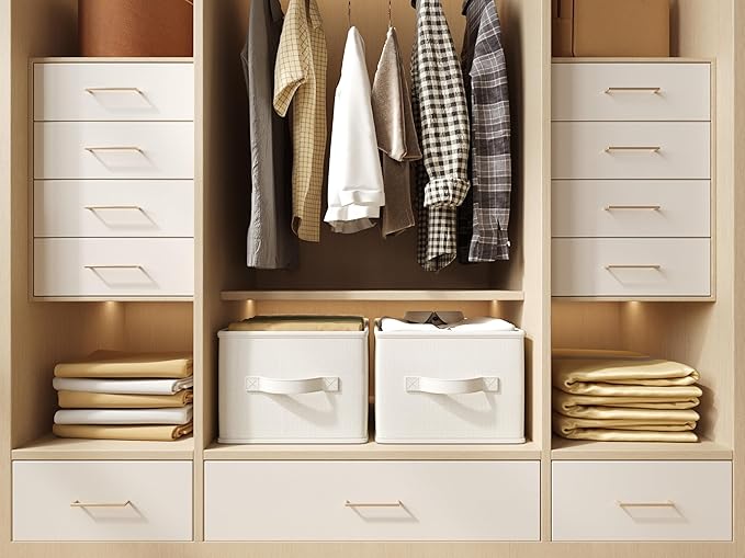 Fabric Storage Bins | Closet Bin Shelf Organizer Shelf Basket | Collapsible Linen Closet Organizer Storage Cube | 14¾"L x 10¼"W x 8¼"H | Storage for Clothes | White & Ivory 3 Pack