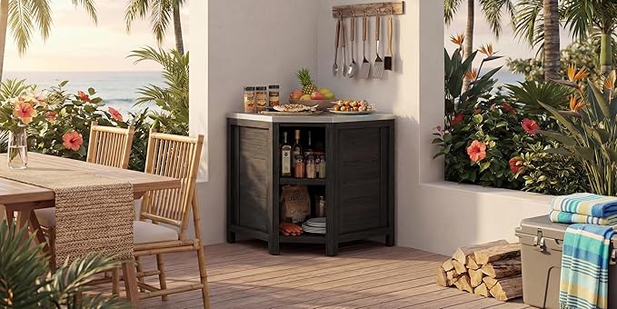 MOUMON Corner Patio Kitchen Storage Cabinet with Stainless Steel Countertop, Solid Cedar Patio Prep Table for Grilling, Outdoor Cooking Station, Dark Grey 35.4”W x 35.4”D x 37.4”H