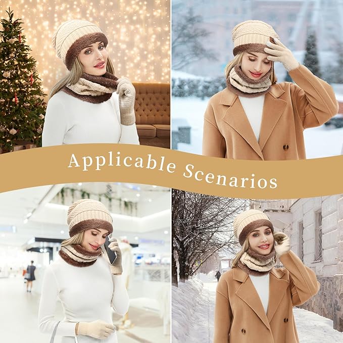 MAYLISACC Winter Knit Beanie Hat Neck Warmer Scarf and Touch Screen Gloves Set 3 Pcs Fleece Lined Skull Cap for Men Women