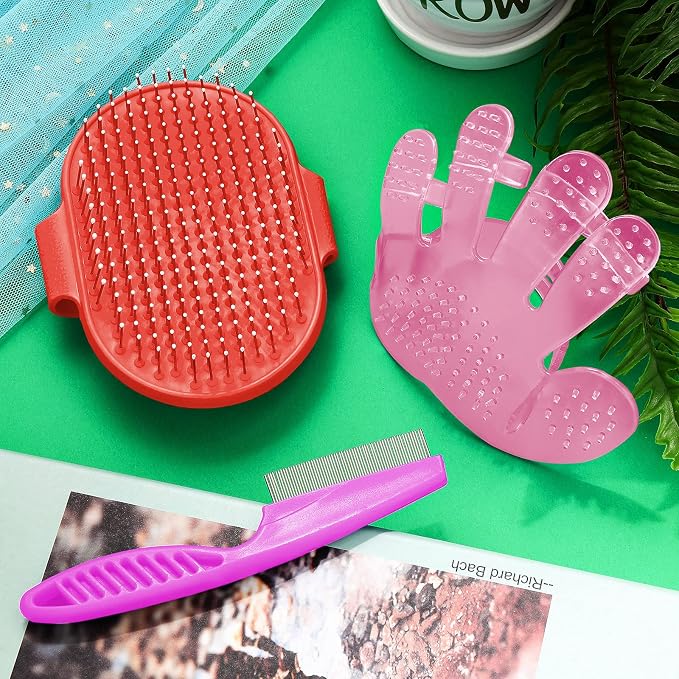 Patelai 4 Pieces Bunny Grooming Kit Rabbit Nail Clipper Rabbit Brush Hair Remover Shampoo Brush with Adjustable Ring Handle for Rabbits Guinea Pig Hamsters Puppy Kitten Hamster Ferret(Pink, Red)