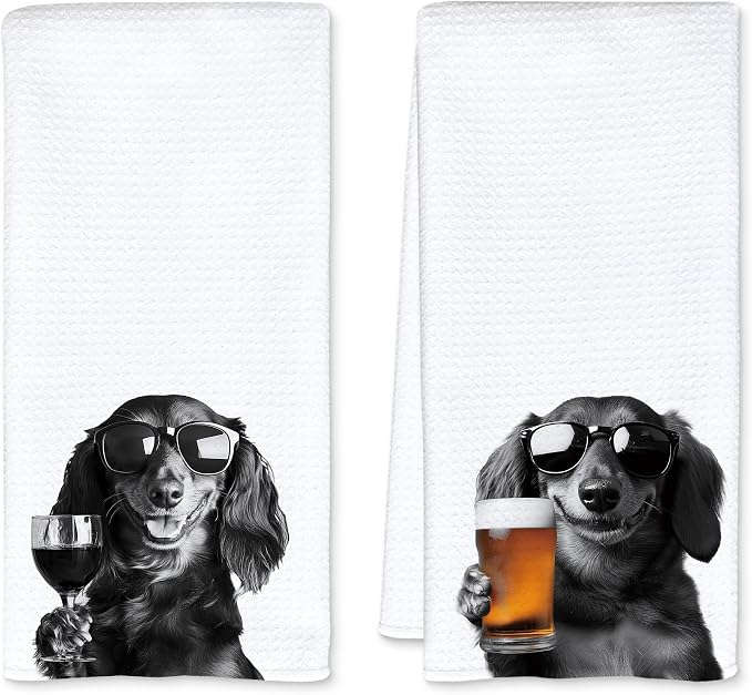 Funny Dachshund Kitchen Towels Set of 2, Funny Kitchen Decor, Wine Bar Decor, Black and White Dachshund Owner Gift Hand Towel, Dining Room Decorative Tea Towel Dish Towels 16x24 Inch