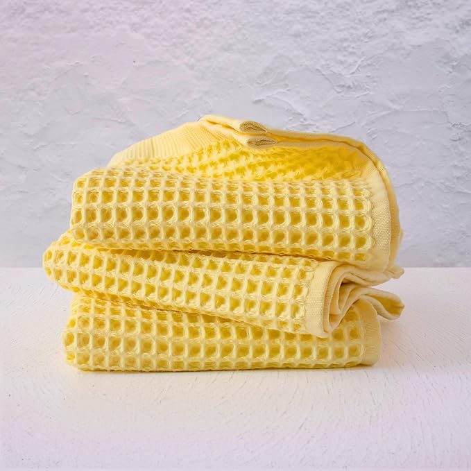 PÜSKÜL - Set of 3 Organic Waffle Hand Towel Yellow - Premium Quality, 100% Turkish Cotton, Soft, Quick-Dry, Absorbent, Lint-Free Face Kitchen Hand Towels (Light Yellow, Hand Towels - Pack of 3)