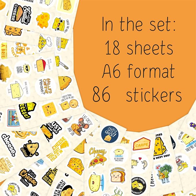 Funny Cheese Stickers for Water Bottle and Laptop - Cheese Party Supplies & Decorations, Waterproof Vinyl Decals, Food Stickers, Gifts for Women & Men