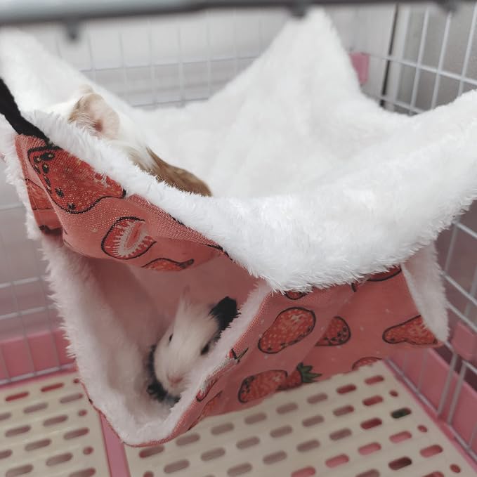 LEFTSTARER Pet Small Animal Hanging Hammock Ferret Bunkbed Hammock Cage Toy for Hamster Rat Sugar Glider Parrot Guinea Pig Hideout Play Sleep (Strawberry Hammock and Tunnel)
