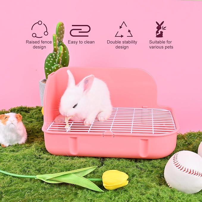 RUBYHOME Rabbit Litter Box Toilet, Plastic Square Cage Box Potty Trainer Corner Litter Bedding Box Pet Pan for Small Animals, Rabbits, Guinea Pigs, Chinchilla, Ferret, Galesaur, 11.4 Inches (Pink)